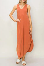 Basic Soft Hi-Low Sleeveless V-Neck Relax Fit Curve Hem Midi Dress - Image 3