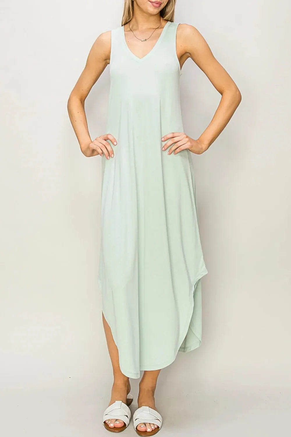 wholesale-womens-boho-basic-knit-maxi-dress-mint-50 Basic Soft Hi-Low Sleeveless V-Neck Relax Fit Curve Hem Midi Dress - Image 1
