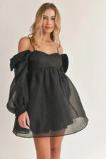 Bubble Long Sleeve Off Shoulder Smoked Back Mini Flare Dress