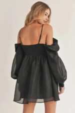 Bubble Long Sleeve Off Shoulder Smoked Back Mini Flare Dress - Image 2