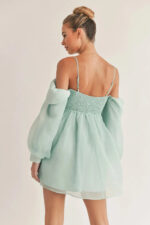 Bubble Long Sleeve Off Shoulder Smoked Back Mini Flare Dress - Image 4