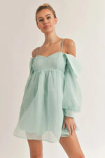 Bubble Long Sleeve Off Shoulder Smoked Back Mini Flare Dress - Image 3