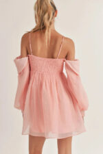 Bubble Long Sleeve Off Shoulder Smoked Back Mini Flare Dress - Image 6