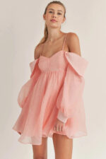 Bubble Long Sleeve Off Shoulder Smoked Back Mini Flare Dress - Image 5