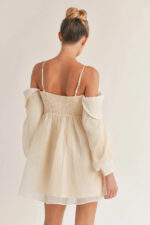 Bubble Long Sleeve Off Shoulder Smoked Back Mini Flare Dress - Image 7