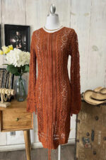 Crochet Cable Knit V-Neck Long Sleeve Eyelet Details Midi Dress - Image 8