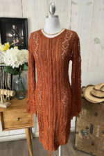Crochet Cable Knit V-Neck Long Sleeve Eyelet Details Midi Dress - Image 11