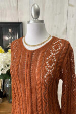 Crochet Cable Knit V-Neck Long Sleeve Eyelet Details Midi Dress - Image 10