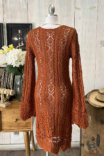 Crochet Cable Knit V-Neck Long Sleeve Eyelet Details Midi Dress - Image 9