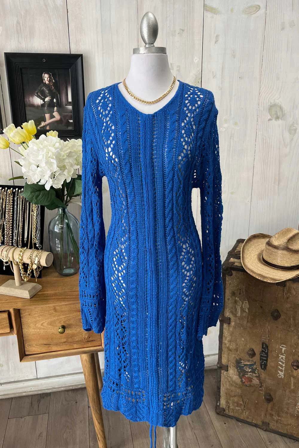wholesale-womens-clothing-boutique-reseller-fall-boho-collection-tashaapparel-14 Crochet Cable Knit V-Neck Long Sleeve Eyelet Details Midi Dress - Image 1