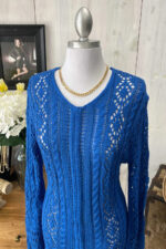 Crochet Cable Knit V-Neck Long Sleeve Eyelet Details Midi Dress - Image 3