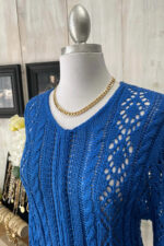 Crochet Cable Knit V-Neck Long Sleeve Eyelet Details Midi Dress - Image 4