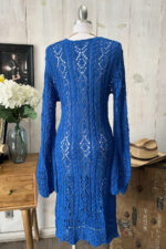 Crochet Cable Knit V-Neck Long Sleeve Eyelet Details Midi Dress - Image 2