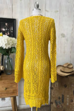 Crochet Cable Knit V-Neck Long Sleeve Eyelet Details Midi Dress - Image 6