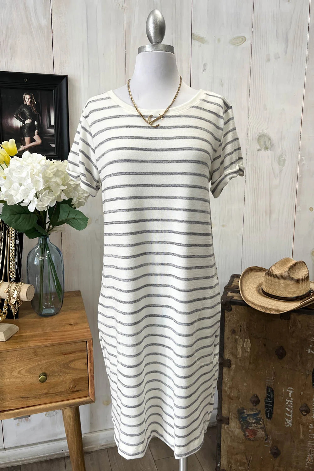 wholesale-womens-clothing-boutique-reseller-fall-boho-collection-tashaapparel-53 Striped Knit Round Neck Short Sleeve Casual Boutique T-Shirt Dress - Image 1