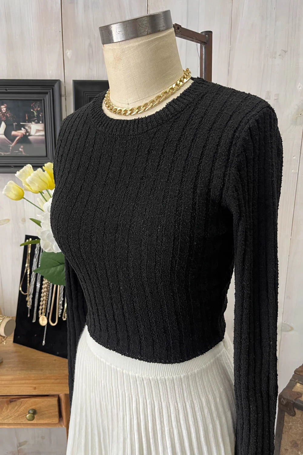 wholesale-womens-clothing-boutique-reseller-fall-winter-collection-tashaapparel-55-1 Black Ribbed Long Sleeve Fitted Cropped Boutique Knit Sweater Top - Image 1