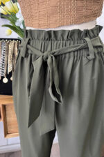 High Waisted Paperbag Waist Tie Belt Cropped Pants Trendy Trousers - Image 4