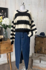 Black White Striped Fuzzy Knit Long Sleeve Cropped Sweater - Image 5