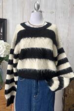 Black White Striped Fuzzy Knit Long Sleeve Cropped Sweater