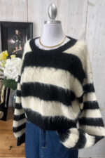 Black White Striped Fuzzy Knit Long Sleeve Cropped Sweater - Image 3