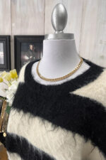 Black White Striped Fuzzy Knit Long Sleeve Cropped Sweater - Image 4