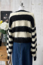 Black White Striped Fuzzy Knit Long Sleeve Cropped Sweater - Image 2