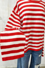 Classic Horizontal Striped Soft Knit Crew Neck Relaxed Fit Long Sleeve Pullover Sweater - Image 14