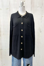 Black Collared Front Pocket Button Down Sweater Shirt