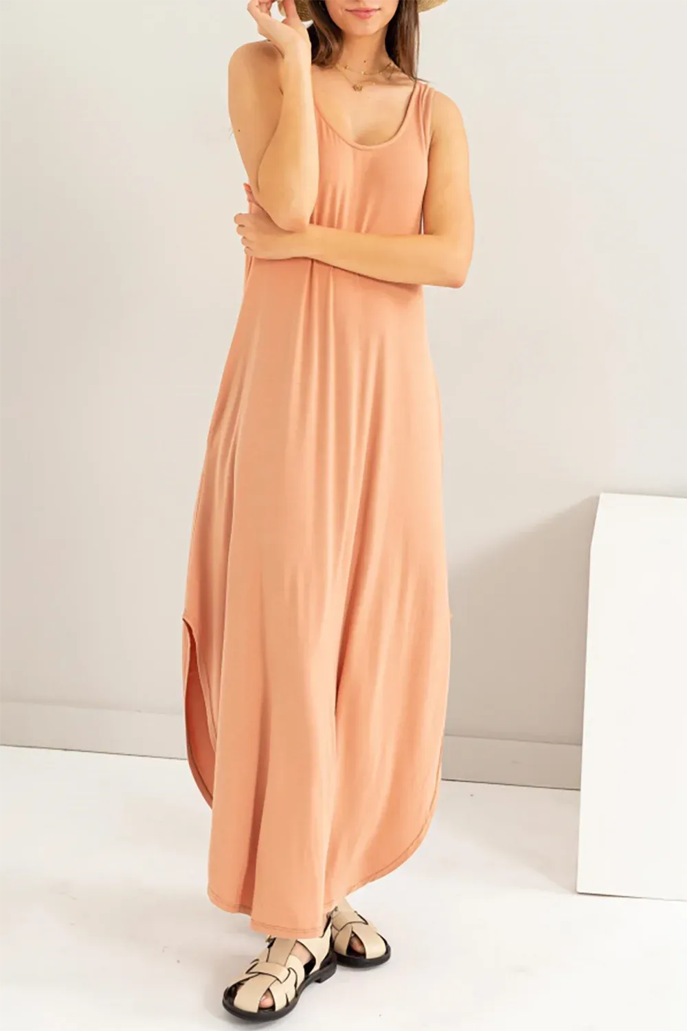 wholesale-womens-spaghetti-strap-flowing-design-maxi-dress-tan-HF24E377-1 Sleeveless Two Side Pocket Flowing Maxi Dress - Image 1