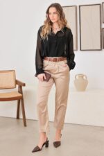 Satin Belted High Waist Crop Pants Dressy Taupe Trousers with Belt