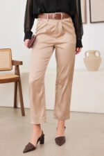 Satin Belted High Waist Crop Pants Dressy Taupe Trousers with Belt - Image 3