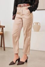 Satin Belted High Waist Crop Pants Dressy Taupe Trousers with Belt - Image 4