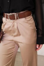 Satin Belted High Waist Crop Pants Dressy Taupe Trousers with Belt - Image 6
