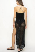 Woven Sheer Knit High Neck Side Slit Swim Cover Up Maxi Dress - Image 2