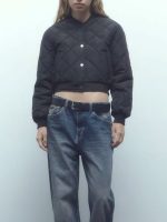 Women’s Black Quilted Short Padded Jacket – Warm Lightweight Winter Coat with Diamond Stitching and Snap Buttons - Image 3