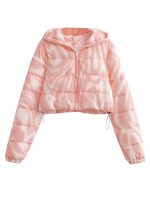 Women’s Pink Printed Hooded Short Puffer Jacket – Lightweight Warm Drawstring Hem Winter Coat