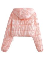 Women’s Pink Printed Hooded Short Puffer Jacket – Lightweight Warm Drawstring Hem Winter Coat - Image 4