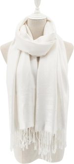 Elegant White Tassel Shawl Scarf – Soft Lightweight Wrap with Subtle Jacquard Pattern, Perfect for Dresses & Formal Events - Image 2