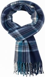 Navy Blue Tartan Plaid Tassel Scarf – Thick Soft Winter Long Scarf with Classic Fringe, Warm & Stylish for Everyday Wear
