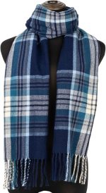 Navy Blue Tartan Plaid Tassel Scarf – Thick Soft Winter Long Scarf with Classic Fringe, Warm & Stylish for Everyday Wear - Image 2