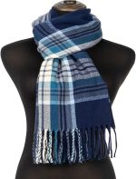 Navy Blue Tartan Plaid Tassel Scarf – Thick Soft Winter Long Scarf with Classic Fringe, Warm & Stylish for Everyday Wear - Image 4