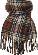 Vintage Brown & Navy Plaid Tassel Scarf – Thick Soft Winter Cashmere-Like Warm Long Scarf, Classic Tartan Style