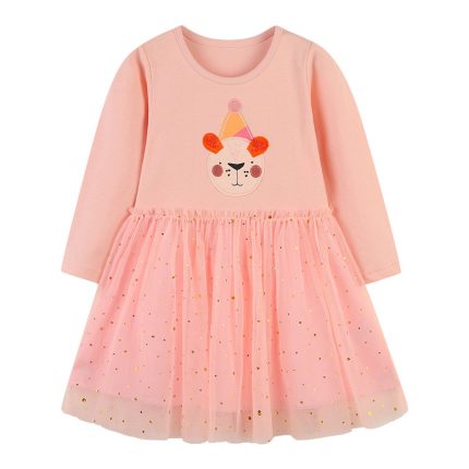 Pink Baby Tulle Dress with Gold Glitter · Cute Animal Embroidery | Long-Sleeve Princess Dress