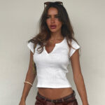 Women’s Ribbed Knit Short Sleeve Top | Slim Fit Cropped Button Tee | Soft Stretch Fabric Round Neck Casual Basic Shirt