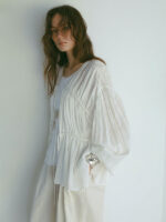 Vintage Pleated Tie Blouse – Women’s Loose Long-Sleeve Cotton Shirt - Image 5