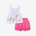 Summer Baby Girl 2-Piece Set | Animal Embroidered Ruffle Strap Top + Pink Bubble Shorts