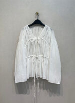 Vintage Pleated Tie Blouse – Women’s Loose Long-Sleeve Cotton Shirt - Image 7