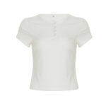 Women’s Ribbed Knit Short Sleeve Top | Slim Fit Cropped Button Tee | Soft Stretch Fabric Round Neck Casual Basic Shirt - Image 5