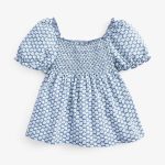 Blue Floral Baby Top with Puff Sleeves | Smocked Front Design · Soft & Breathable Cotton