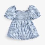 Blue Floral Baby Top with Puff Sleeves | Smocked Front Design · Soft & Breathable Cotton - Image 2